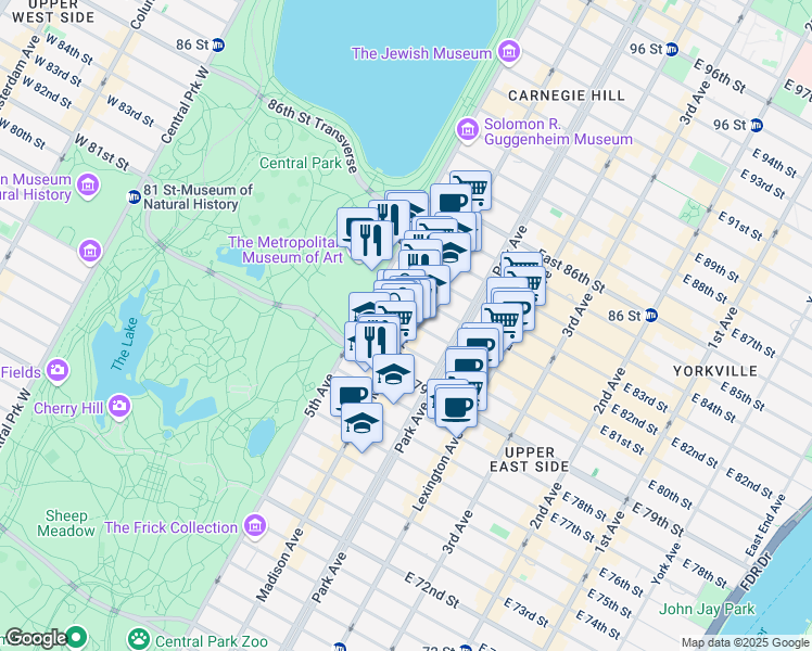 map of restaurants, bars, coffee shops, grocery stores, and more near 6 East 80th Street in New York