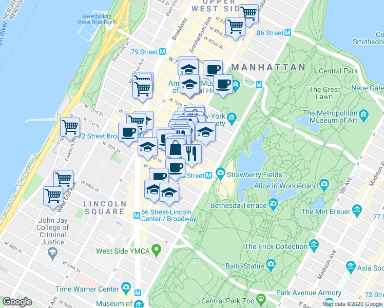 map of restaurants, bars, coffee shops, grocery stores, and more near 24 West 73rd Street in New York