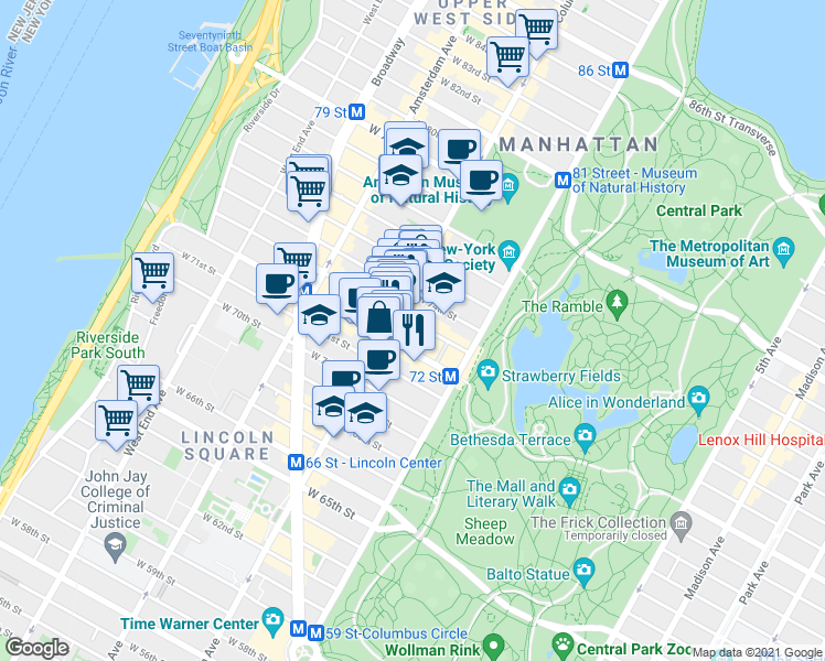 map of restaurants, bars, coffee shops, grocery stores, and more near 24 West 73rd Street in New York