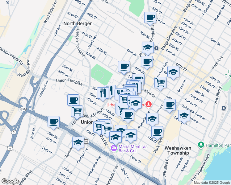 map of restaurants, bars, coffee shops, grocery stores, and more near 4000 John F. Kennedy Boulevard in Union City