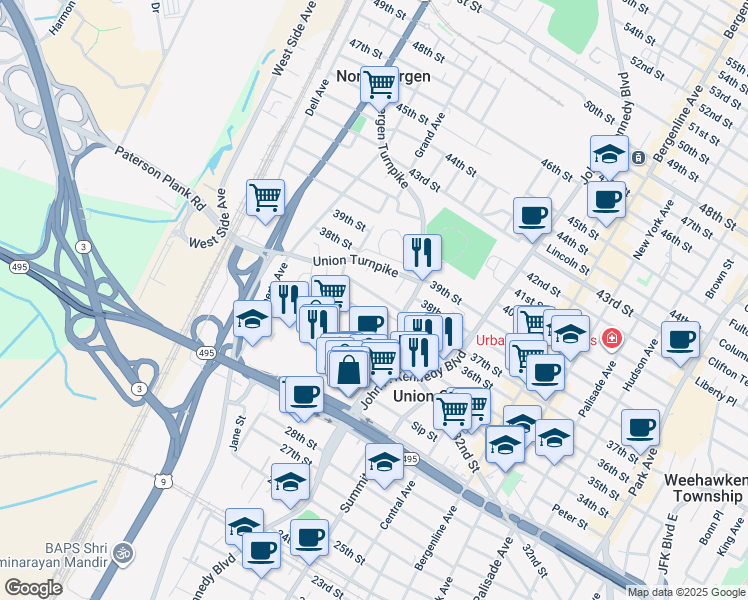 map of restaurants, bars, coffee shops, grocery stores, and more near 3626 Lincoln Terrace in North Bergen