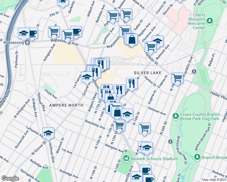 map of restaurants, bars, coffee shops, grocery stores, and more near 25 Columbus Street in Bloomfield