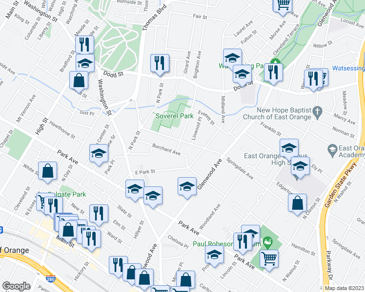 map of restaurants, bars, coffee shops, grocery stores, and more near 673 Springdale Avenue in East Orange