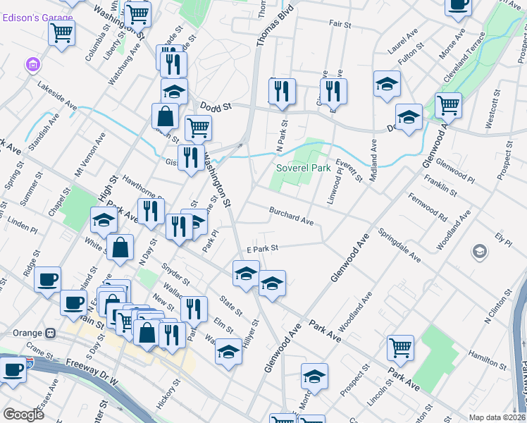 map of restaurants, bars, coffee shops, grocery stores, and more near 99 Burchard Avenue in East Orange