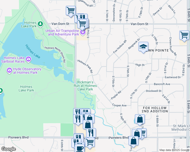 map of restaurants, bars, coffee shops, grocery stores, and more near 3505 Holmes Park Road in Lincoln