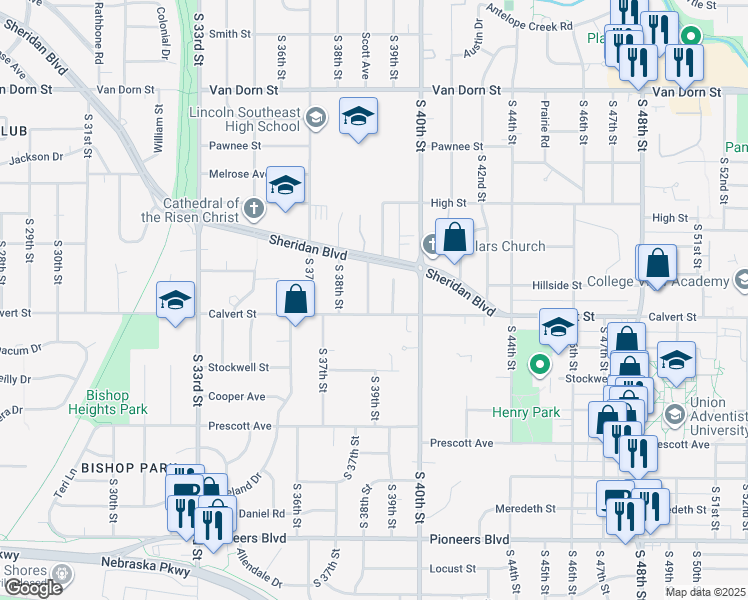 map of restaurants, bars, coffee shops, grocery stores, and more near 3519 Woodbine Avenue in Lincoln
