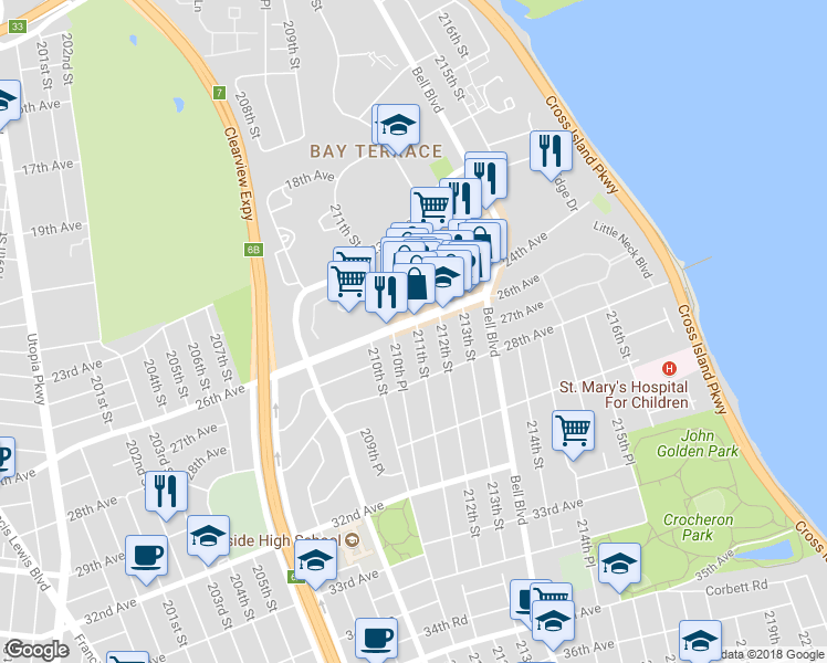 map of restaurants, bars, coffee shops, grocery stores, and more near 26-04 211th Street in Queens