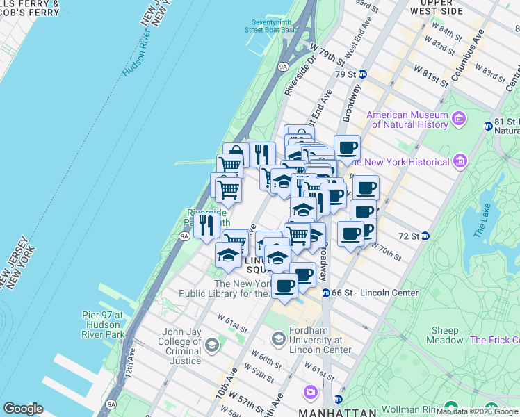 map of restaurants, bars, coffee shops, grocery stores, and more near 185 West End Avenue in New York
