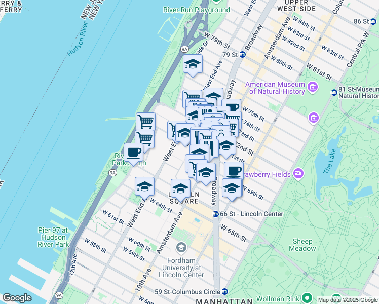 map of restaurants, bars, coffee shops, grocery stores, and more near 22484 West 70th Street in New York