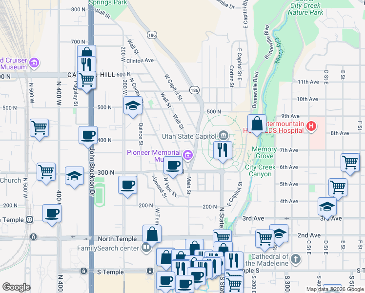 map of restaurants, bars, coffee shops, grocery stores, and more near 363 Wall Street in Salt Lake City