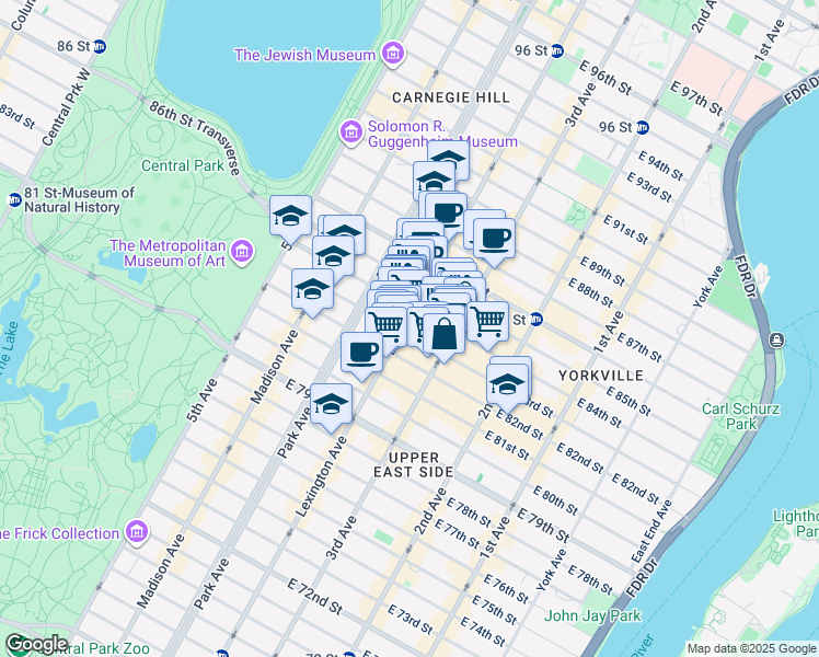 map of restaurants, bars, coffee shops, grocery stores, and more near 135 East 83rd Street in New York