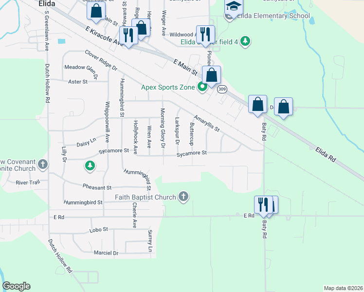 map of restaurants, bars, coffee shops, grocery stores, and more near 2114 Larkspur Drive in Elida