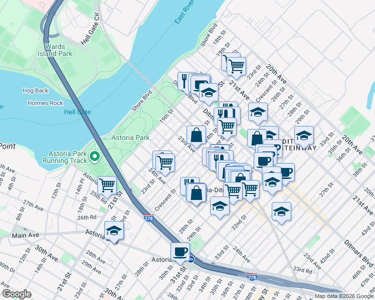map of restaurants, bars, coffee shops, grocery stores, and more near 23-17 23rd Street in Queens