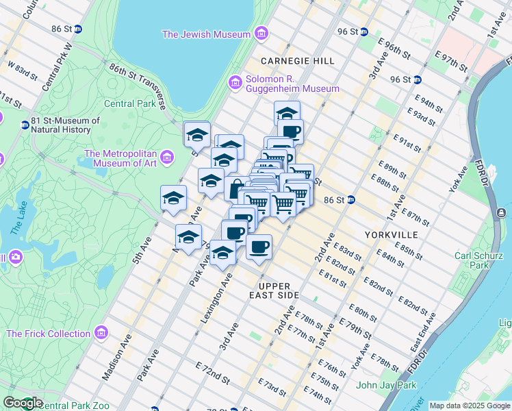map of restaurants, bars, coffee shops, grocery stores, and more near 120 East 83rd Street in New York
