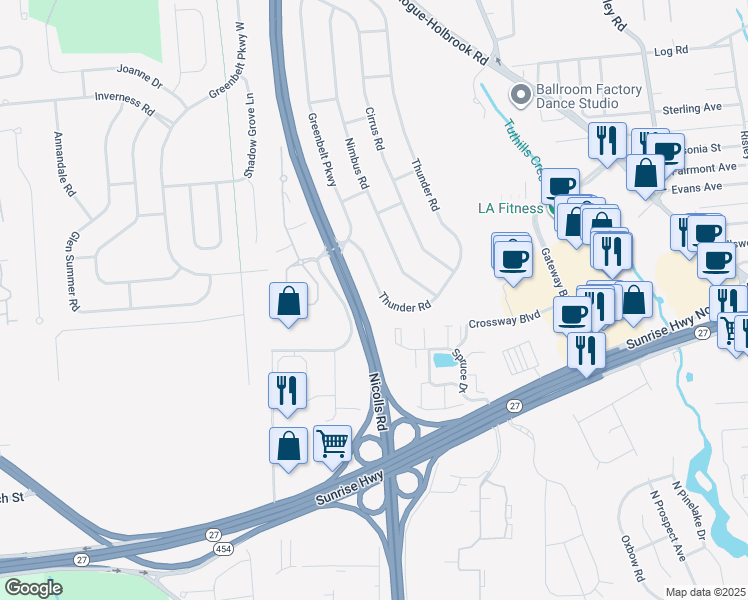 map of restaurants, bars, coffee shops, grocery stores, and more near 44 Thunder Road in Holbrook