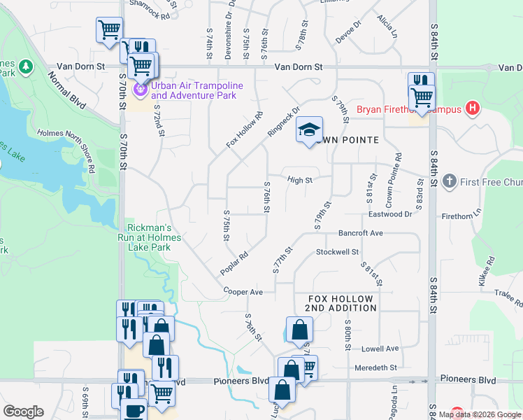map of restaurants, bars, coffee shops, grocery stores, and more near 7540 Nemaha Street in Lincoln