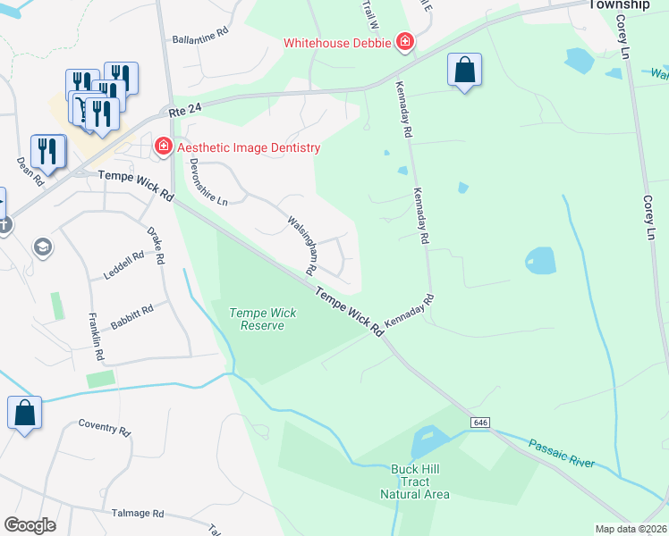 map of restaurants, bars, coffee shops, grocery stores, and more near 6 Langford Drive in Mendham