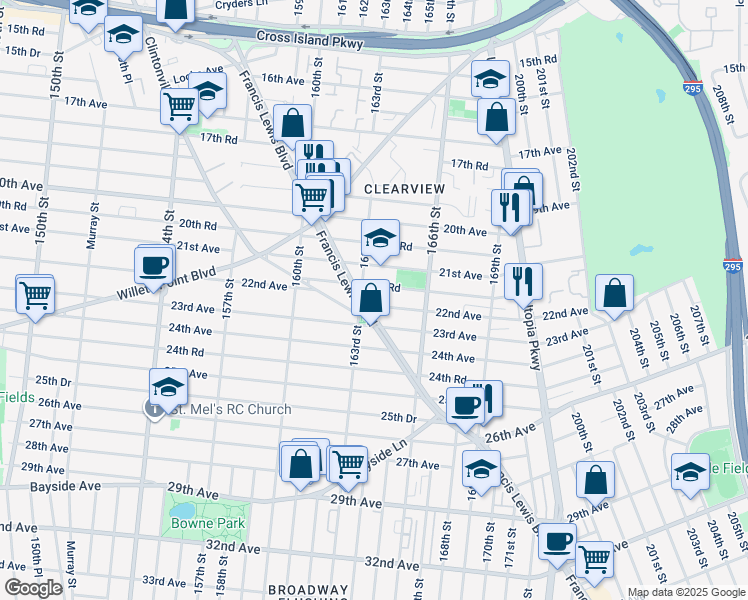 map of restaurants, bars, coffee shops, grocery stores, and more near 163-09 22nd Avenue in Queens