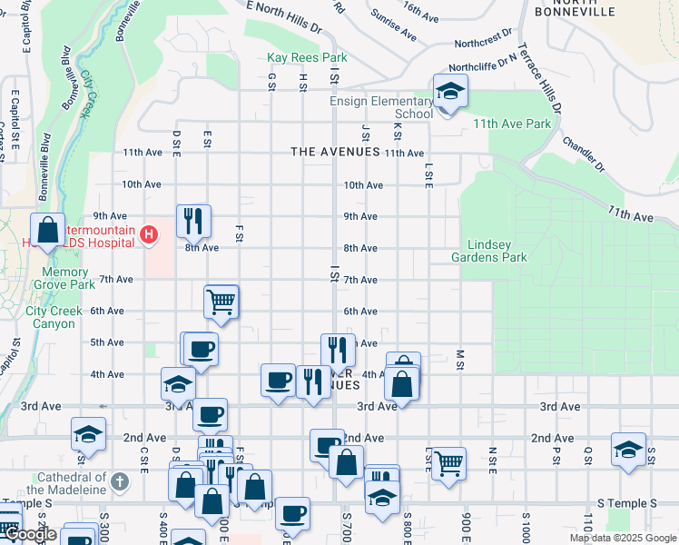 map of restaurants, bars, coffee shops, grocery stores, and more near 358 I Street in Salt Lake City