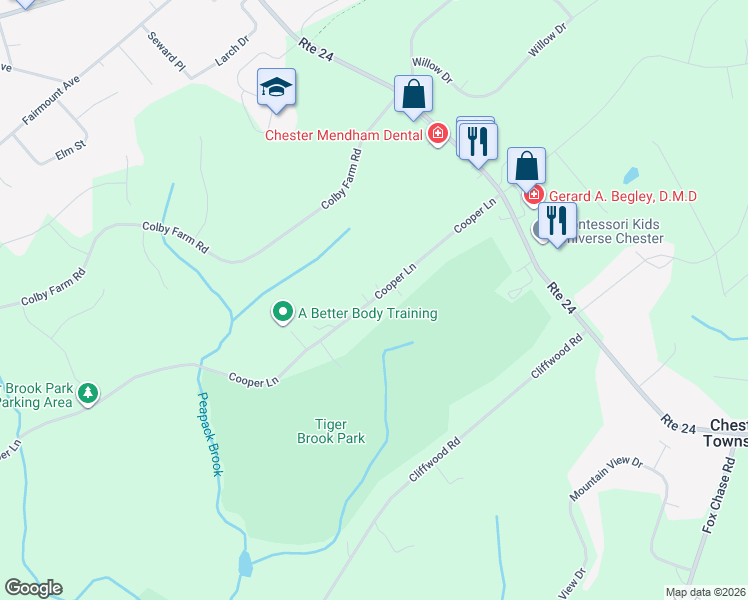 map of restaurants, bars, coffee shops, grocery stores, and more near 23 Cooper Lane in Chester