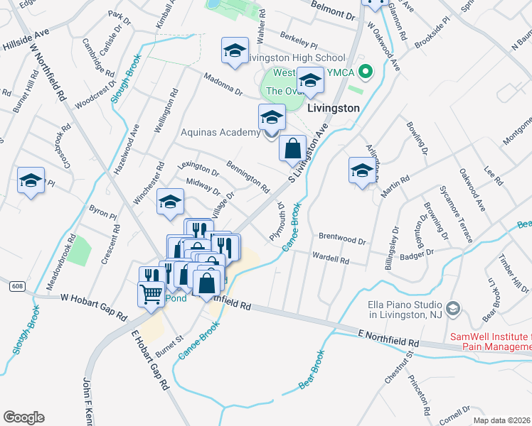 map of restaurants, bars, coffee shops, grocery stores, and more near 433 South Livingston Avenue in Livingston