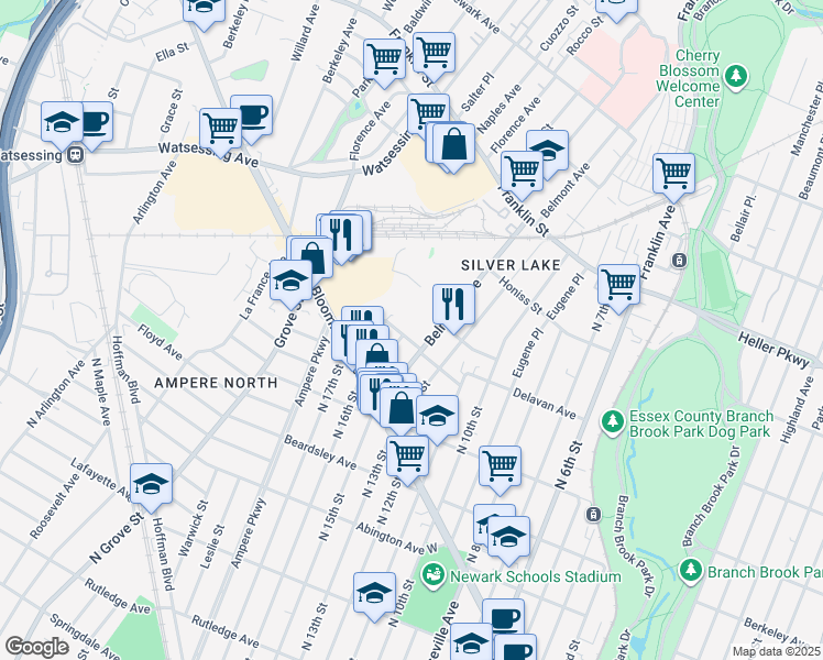 map of restaurants, bars, coffee shops, grocery stores, and more near 16 Alva Street in Belleville
