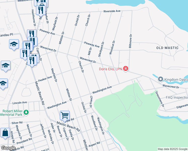 map of restaurants, bars, coffee shops, grocery stores, and more near 28 Mill Drive in Mastic Beach