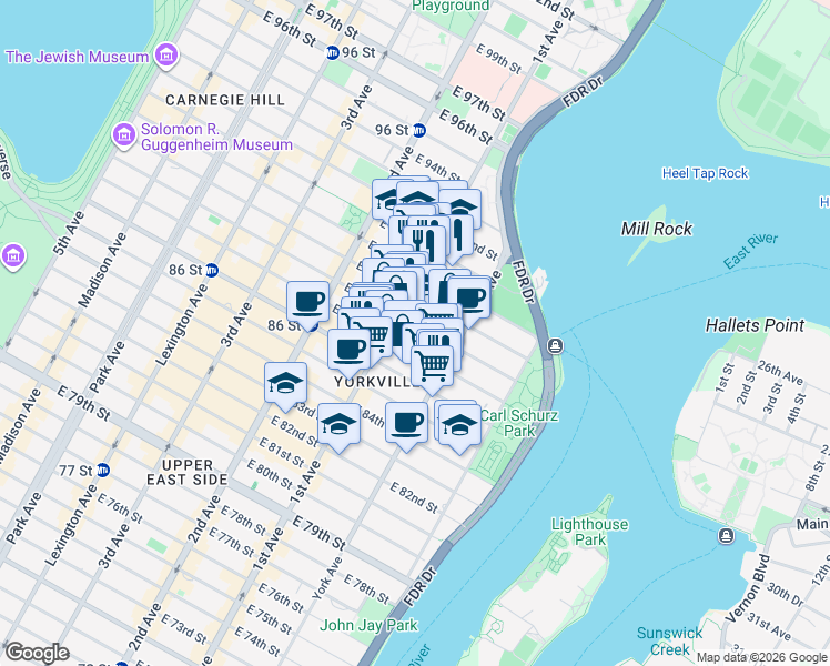 map of restaurants, bars, coffee shops, grocery stores, and more near 438 East 88th Street in New York