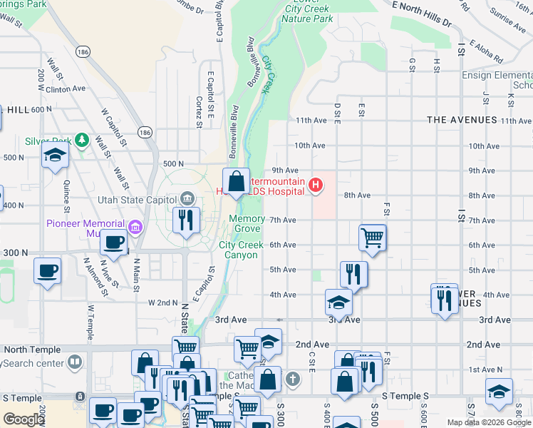 map of restaurants, bars, coffee shops, grocery stores, and more near 360 A Street East in Salt Lake City
