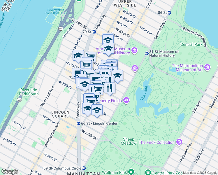 map of restaurants, bars, coffee shops, grocery stores, and more near 38 West 73rd Street in New York