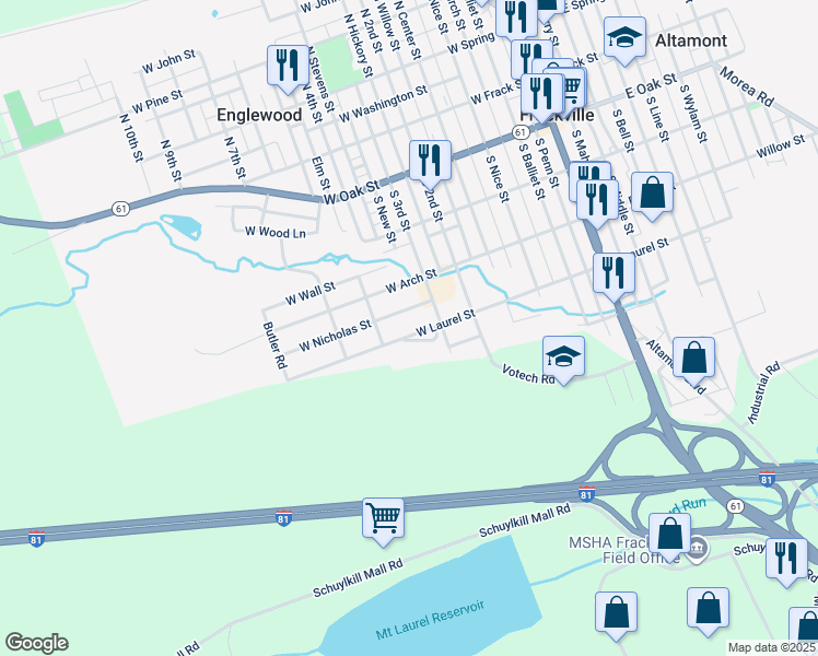 map of restaurants, bars, coffee shops, grocery stores, and more near 509 West Laurel Street in Frackville