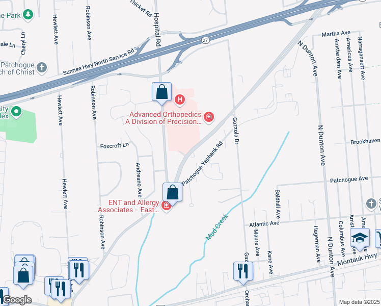 map of restaurants, bars, coffee shops, grocery stores, and more near 264 East Patchogue Yaphank Road in East Patchogue