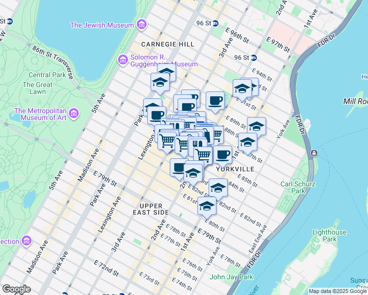 map of restaurants, bars, coffee shops, grocery stores, and more near 218 East 85th Street in New York