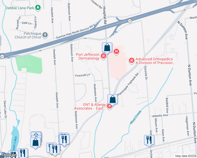 map of restaurants, bars, coffee shops, grocery stores, and more near 28 Neptune Avenue in East Patchogue