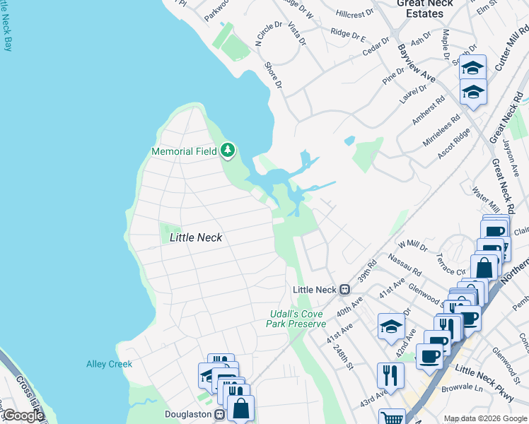 map of restaurants, bars, coffee shops, grocery stores, and more near 32-17 Douglas Road in Queens