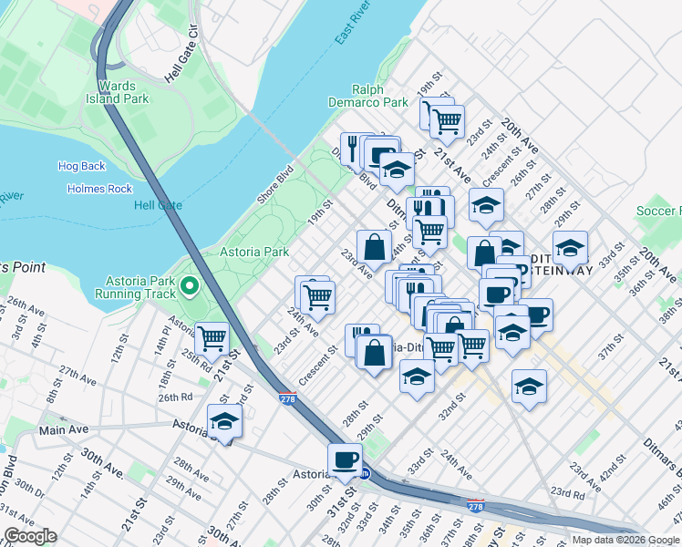 map of restaurants, bars, coffee shops, grocery stores, and more near 23-17 23rd Street in Queens