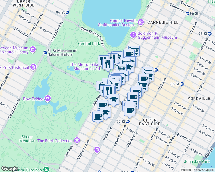 map of restaurants, bars, coffee shops, grocery stores, and more near 987 5th Avenue in New York
