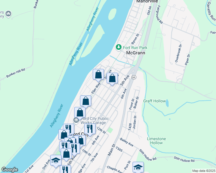 map of restaurants, bars, coffee shops, grocery stores, and more near 1501 4th Avenue in Ford City