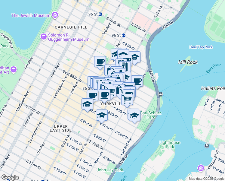 map of restaurants, bars, coffee shops, grocery stores, and more near 380 East 87th Street in New York