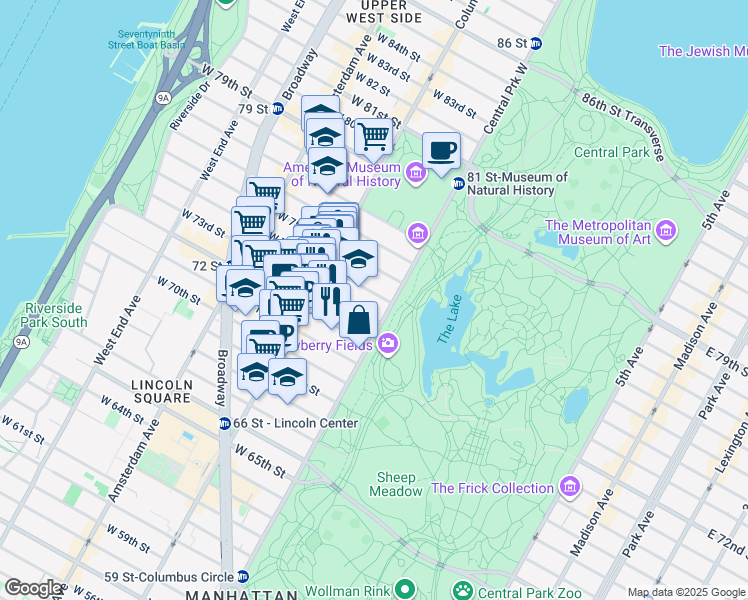 map of restaurants, bars, coffee shops, grocery stores, and more near 10 West 74th Street in New York