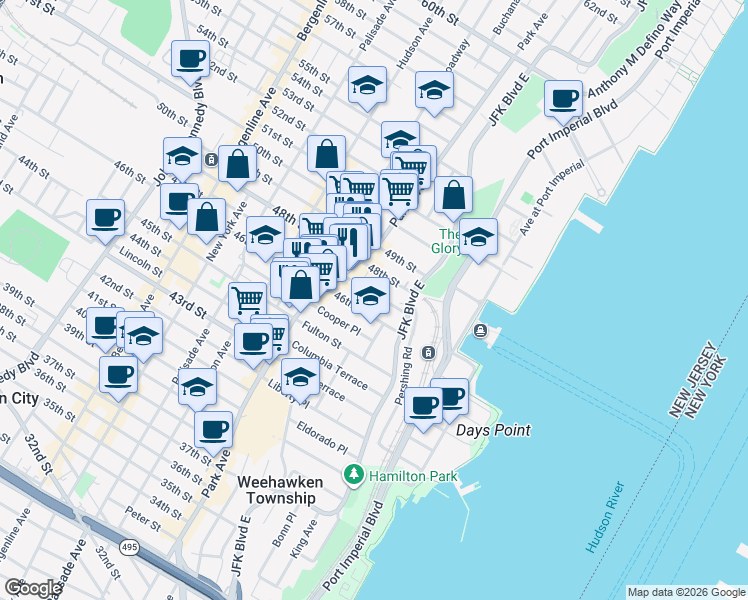 map of restaurants, bars, coffee shops, grocery stores, and more near 56 46th Street in Weehawken