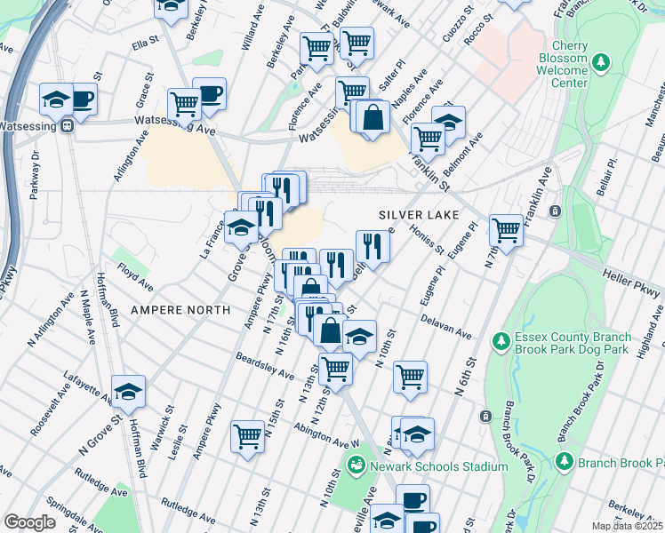 map of restaurants, bars, coffee shops, grocery stores, and more near 16 Alva Street in Belleville