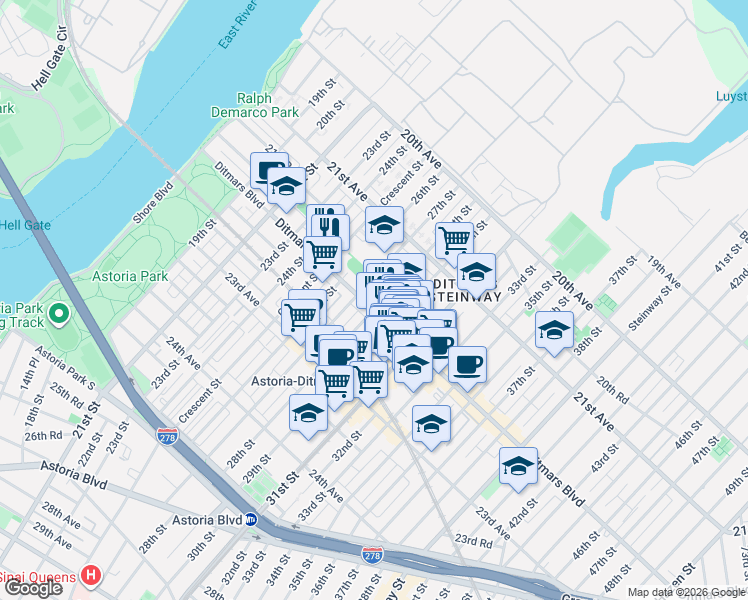 map of restaurants, bars, coffee shops, grocery stores, and more near 22- 1 27th Street in Queens
