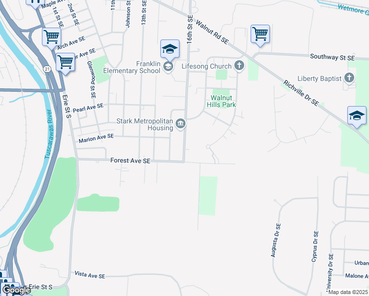 map of restaurants, bars, coffee shops, grocery stores, and more near 174 Huron Road Southeast in Massillon