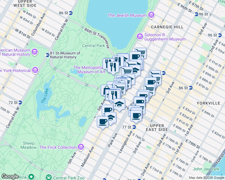map of restaurants, bars, coffee shops, grocery stores, and more near 990 5th Avenue in New York