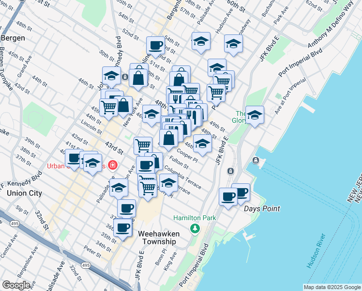 map of restaurants, bars, coffee shops, grocery stores, and more near 4530 Park Avenue in Weehawken
