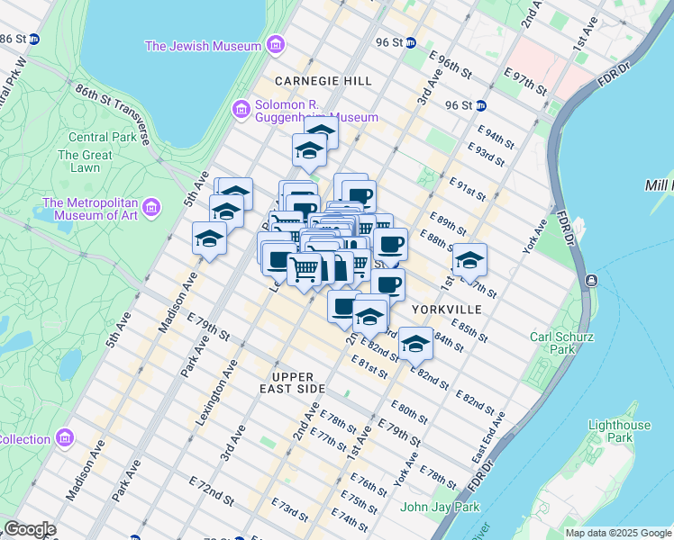 map of restaurants, bars, coffee shops, grocery stores, and more near 1517 3rd Avenue in New York