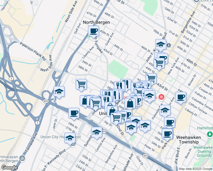 map of restaurants, bars, coffee shops, grocery stores, and more near 646 38th Street in Union City