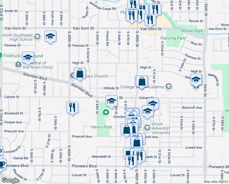 map of restaurants, bars, coffee shops, grocery stores, and more near 3515 South 46th Street in Lincoln