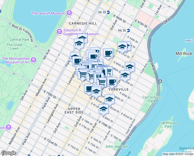 map of restaurants, bars, coffee shops, grocery stores, and more near 229 East 85th Street in New York